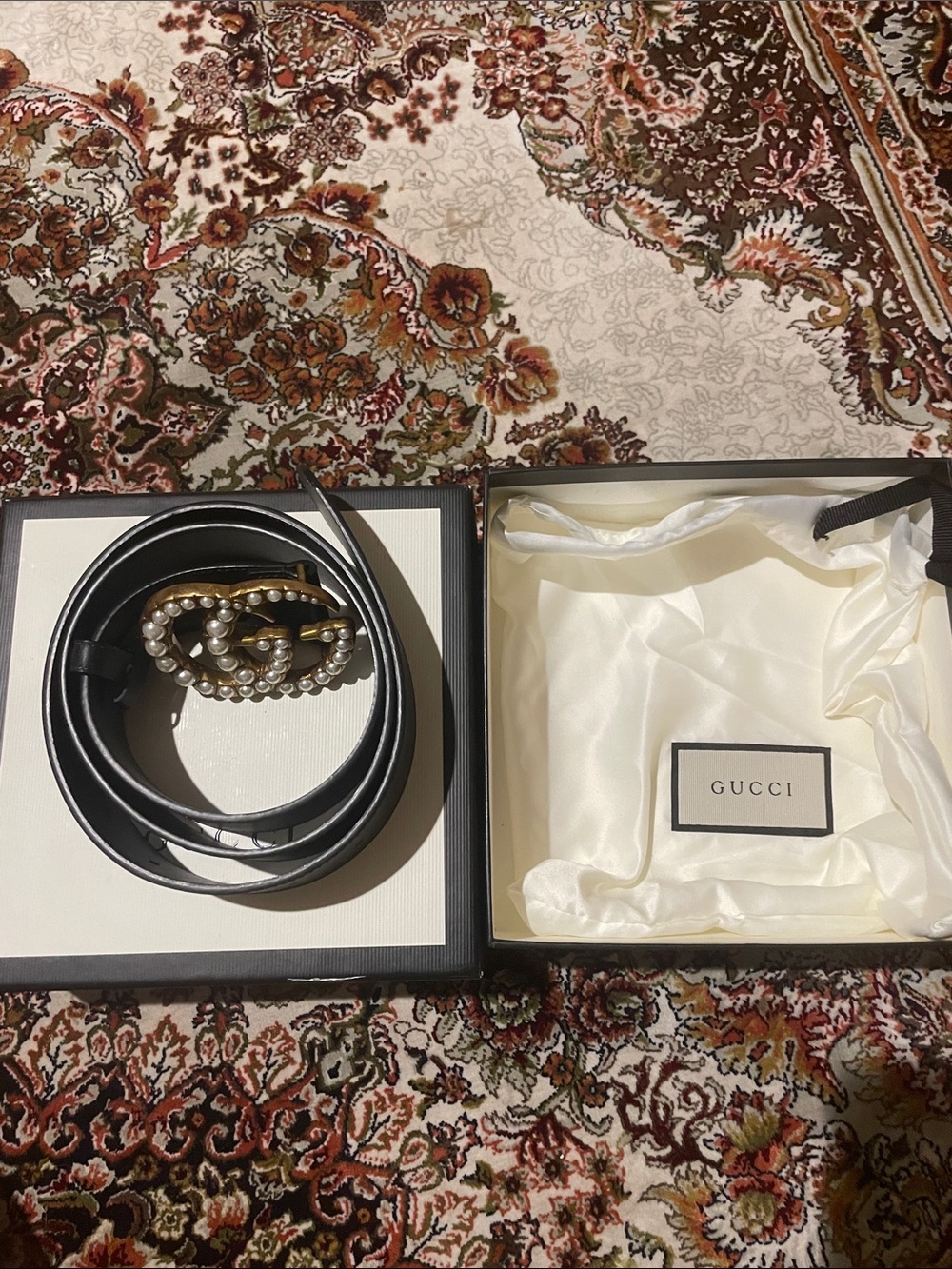 Gucci Black Leather Belt with Pearl-Embellished Double G Buckle